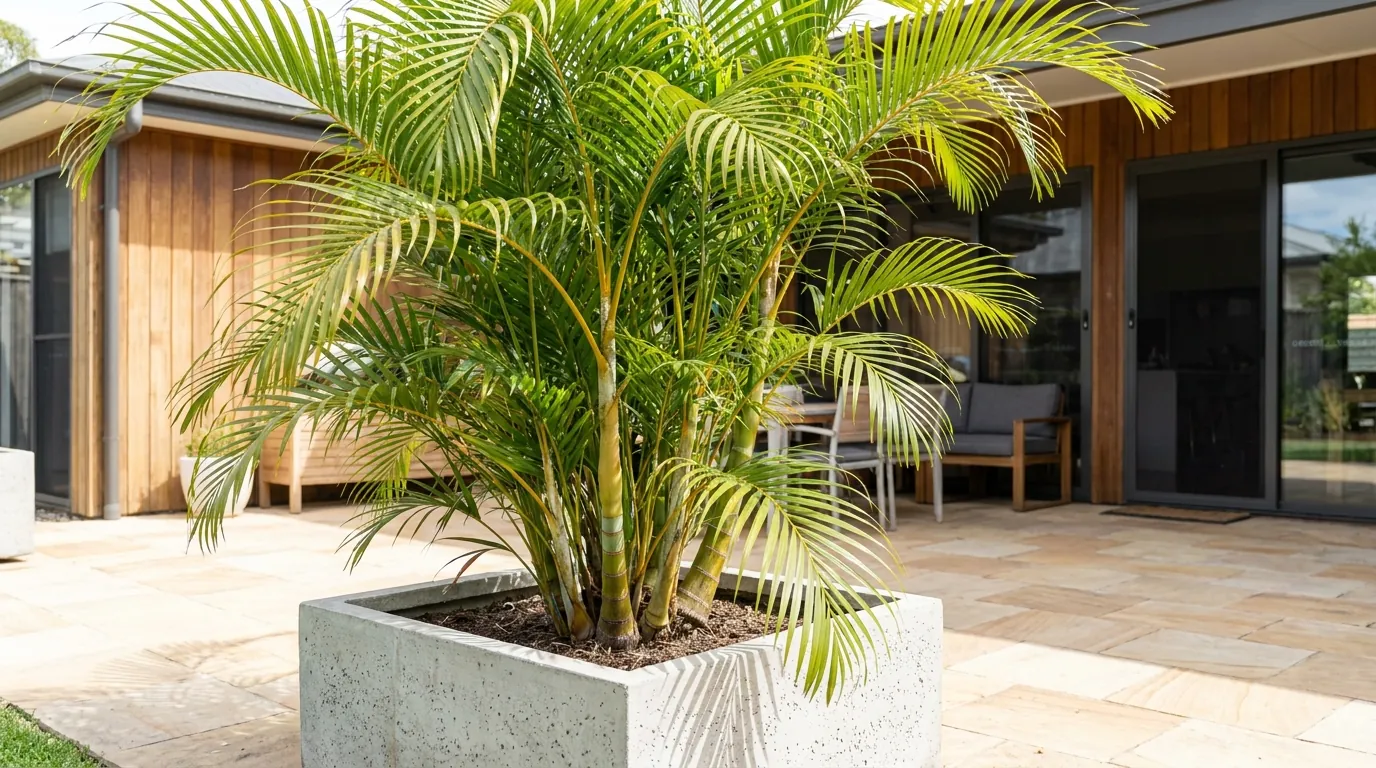Golden Cane Palm growing in a large modern patio container
