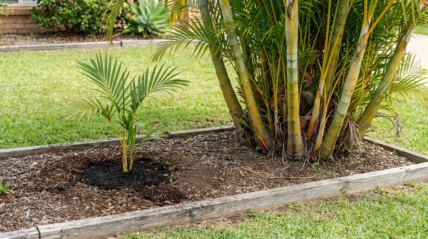 Young and mature Golden Cane Palms growing together in one Australian garden bed