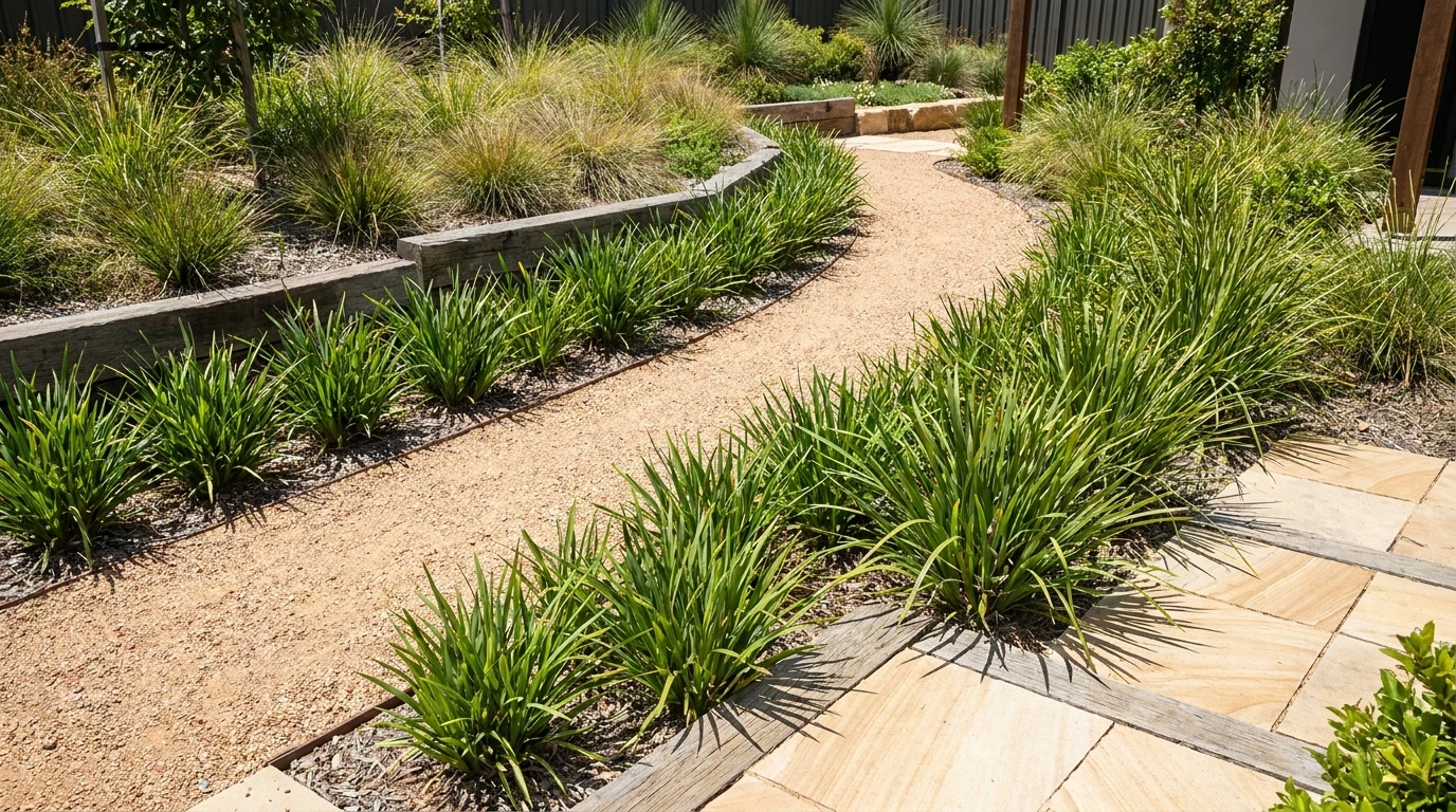 Low strappy Dianella and Lomandra border edging a garden path in a tidy contemporary garden