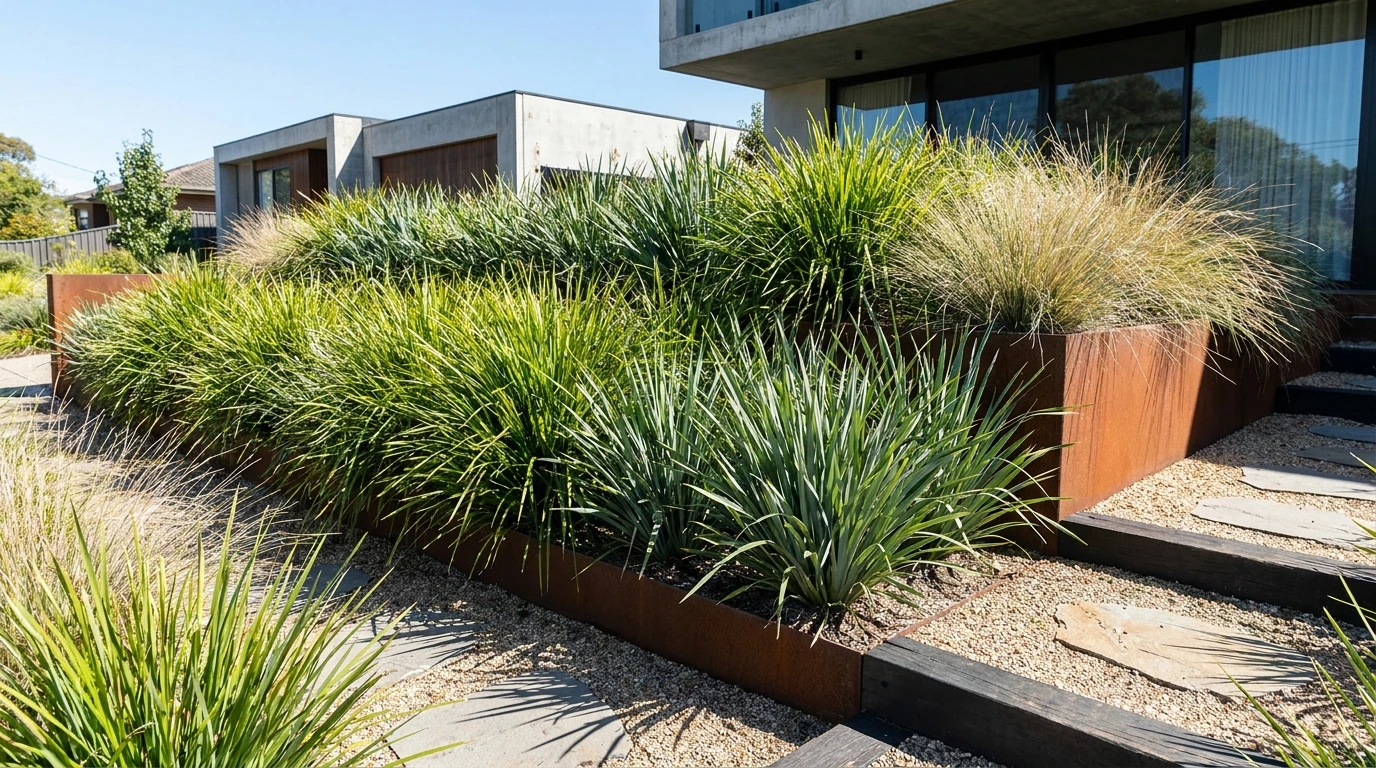 Modern Australian native mass planting of mixed strappy plants and tussock grasses