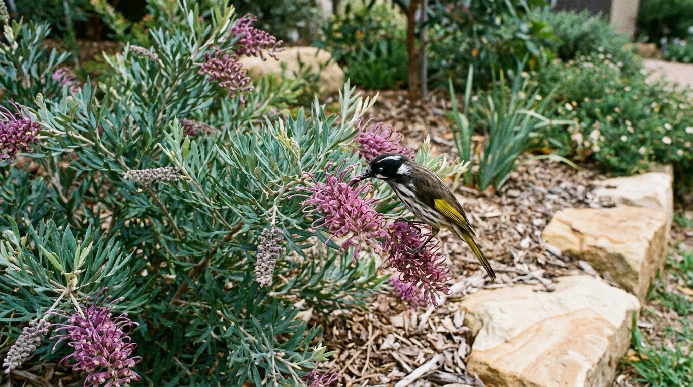 Native bee and honeyeater visiting purple Grevillea 'Purple Haze' flowers