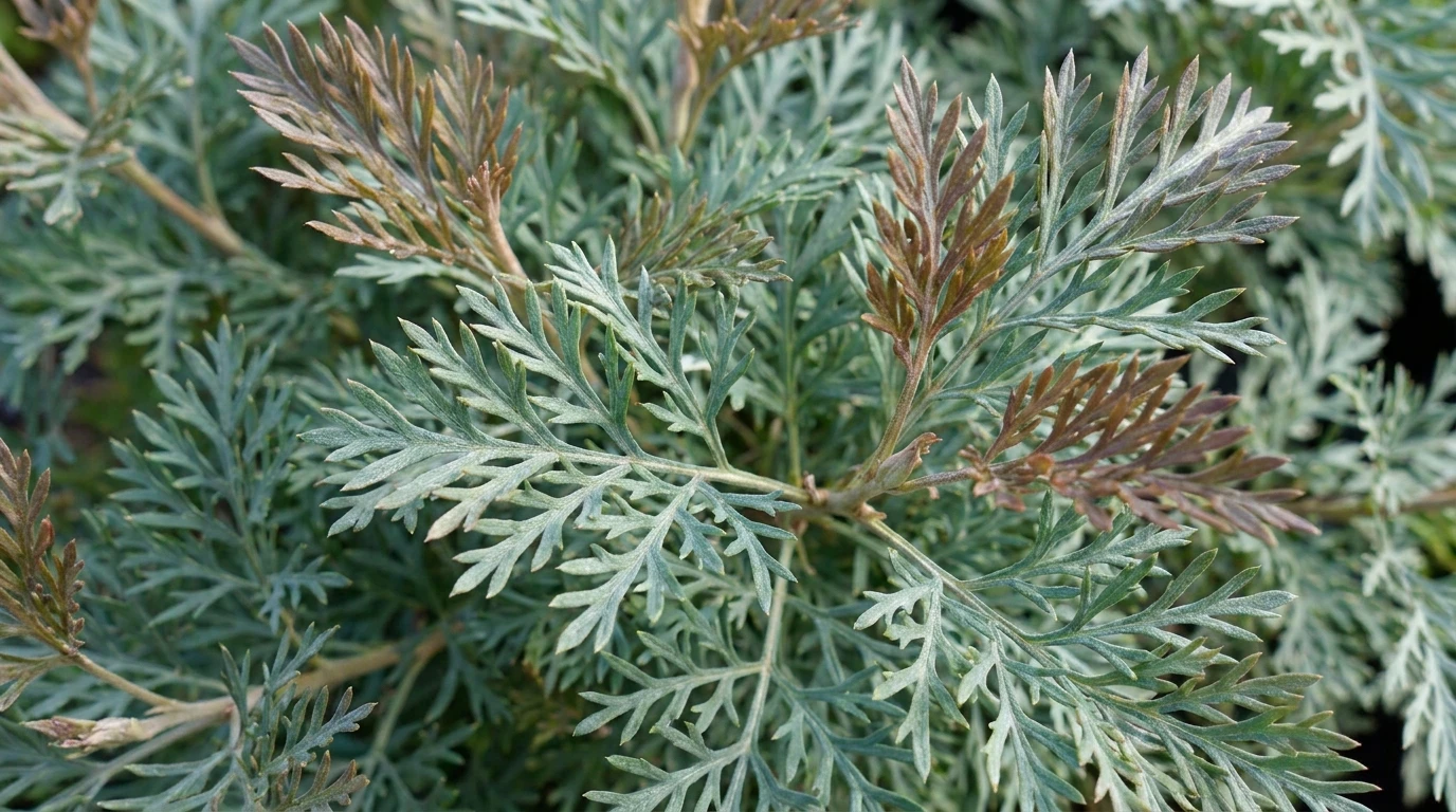 Blue-green finely divided Grevillea 'Purple Haze' foliage with bronze new growth