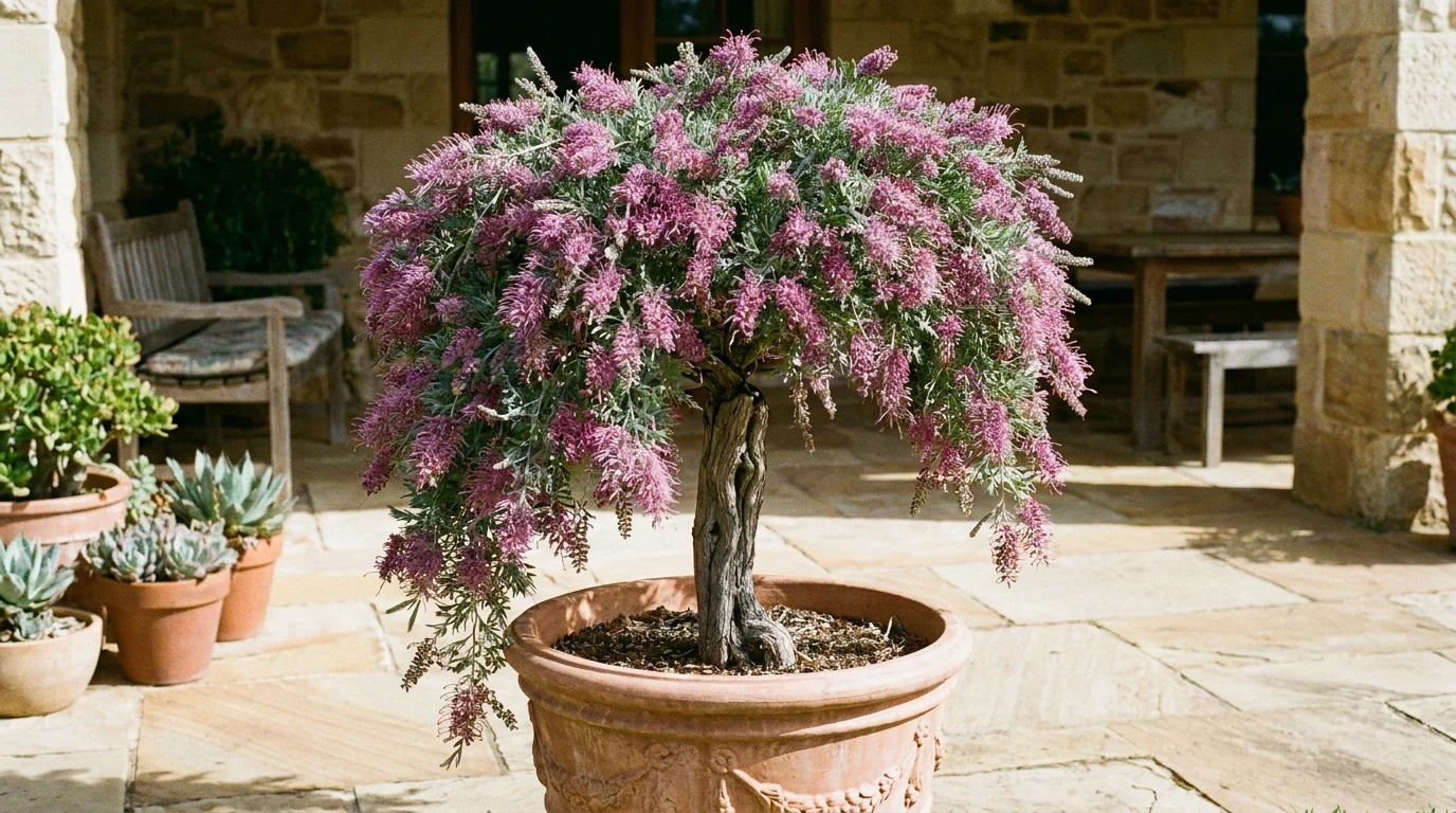 Grafted Grevillea 'Purple Haze' standard in a decorative pot on a patio