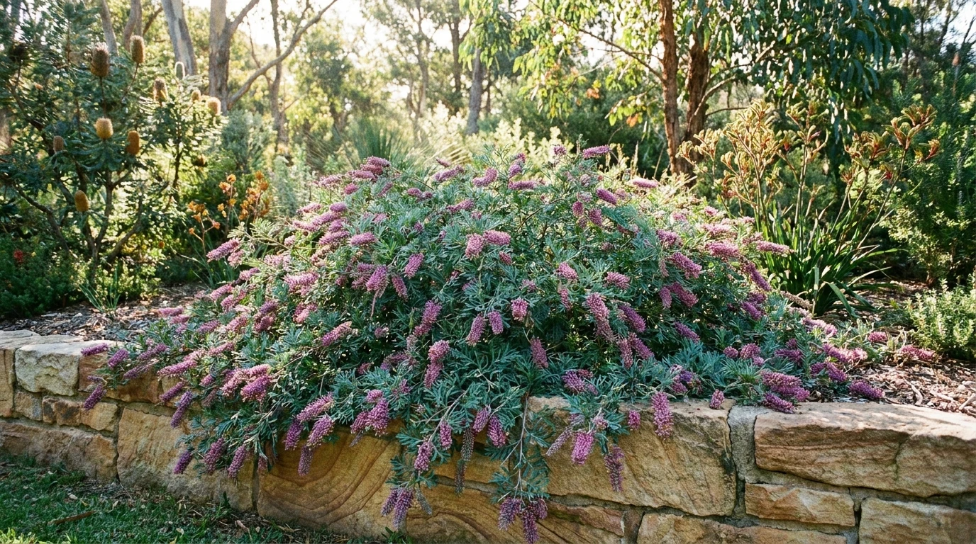 Grevillea 'Purple Haze' spilling over a low sandstone retaining wall