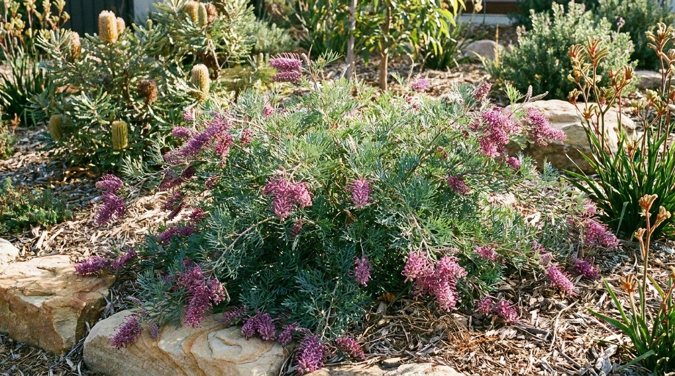 Low spreading Grevillea 'Purple Haze' with purple-mauve toothbrush flowers in a native garden