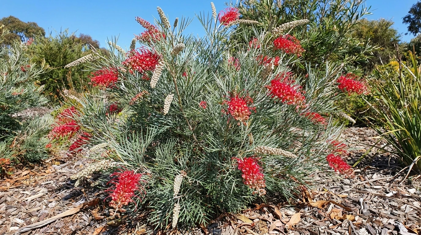 Mature Grevillea 'Scarlet Moon' shrub covered in scarlet-red toothbrush flowers and silvery foliage in a native garden