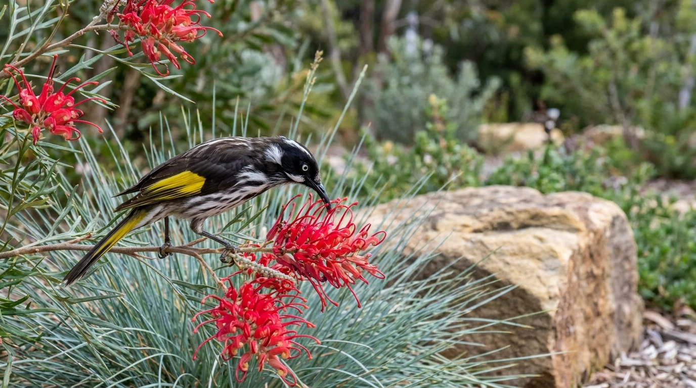 New Holland Honeyeater feeding on the scarlet-red toothbrush flowers of a Grevillea 'Scarlet Moon'