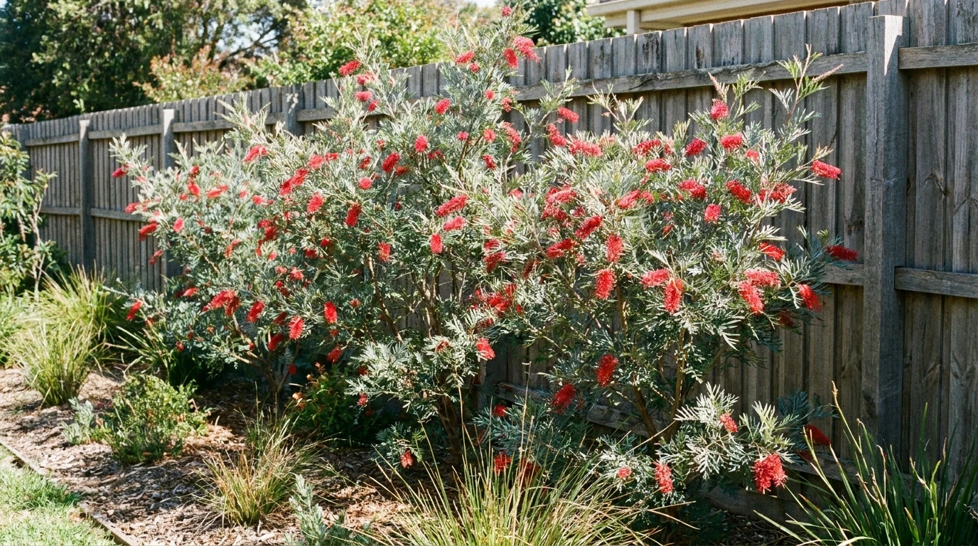 Several Grevillea 'Scarlet Moon' shrubs as an informal flowering screen along a timber paling fence