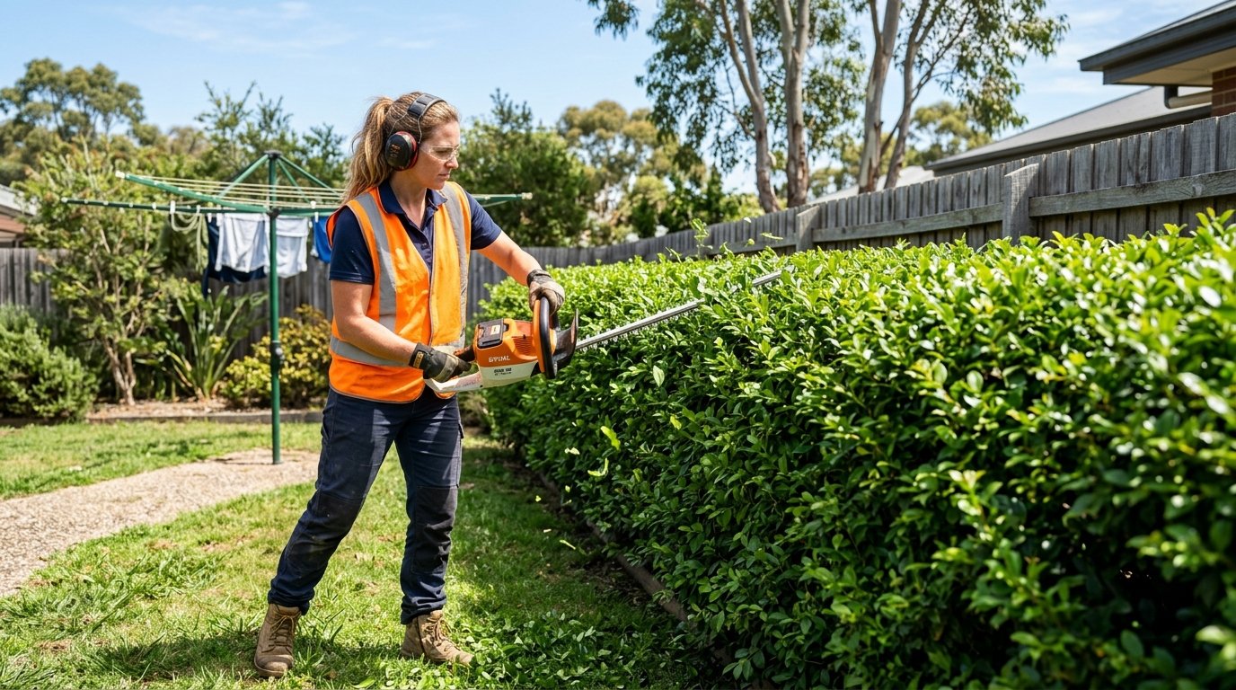 Close-up detail of a hedge trimmer dual-action blades