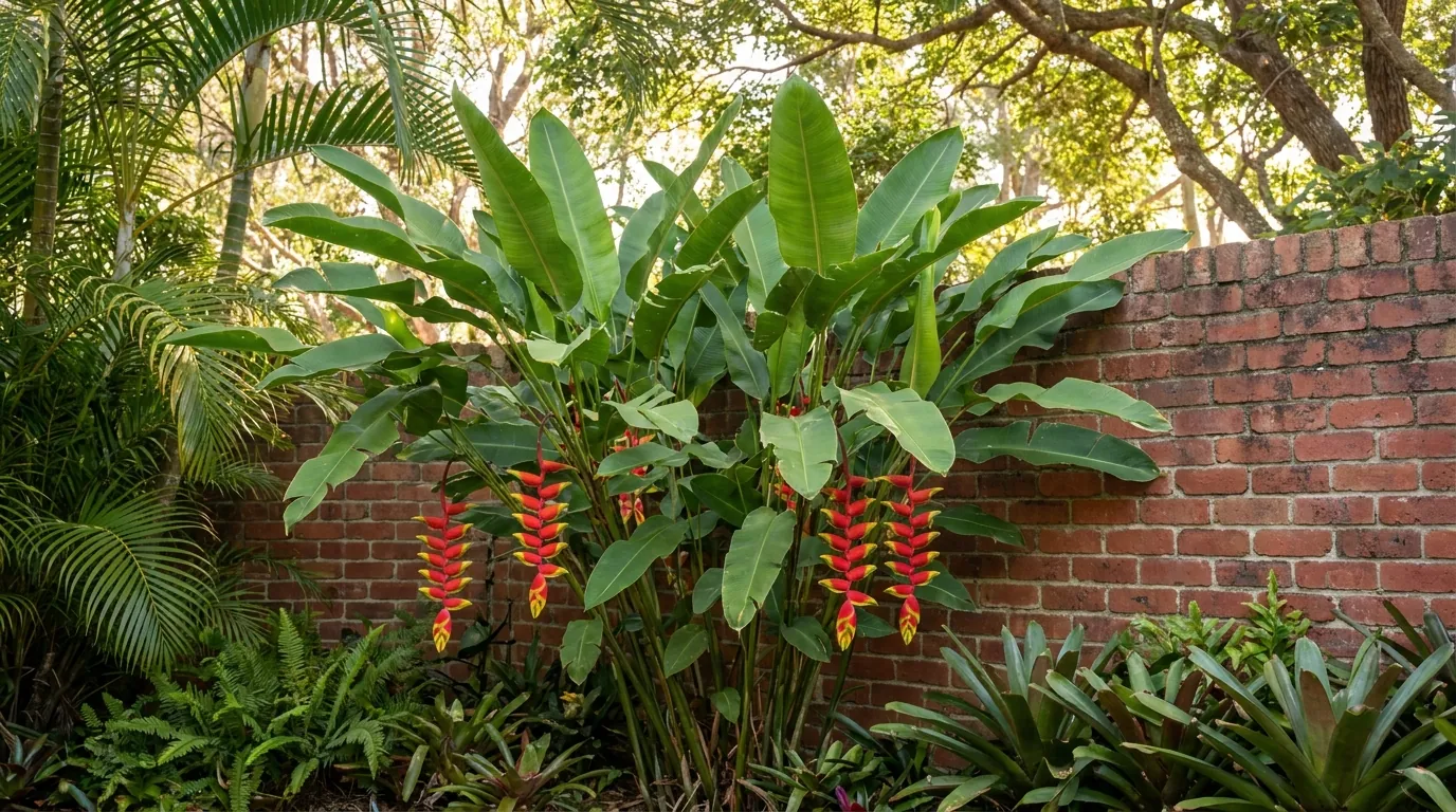 Mature Heliconia 'Hot Rio Nights' clump flowering in a lush Australian garden