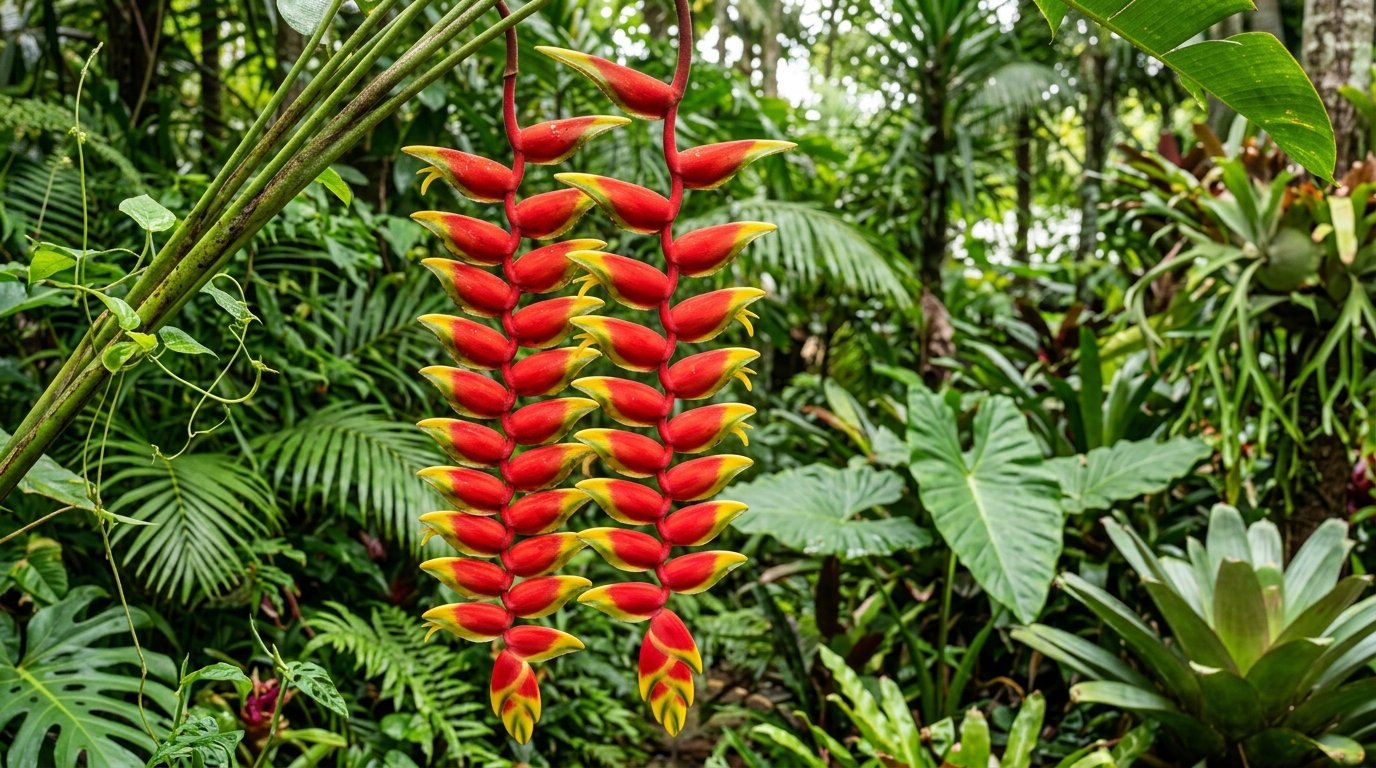 Upright Heliconia psittacorum parrots beak with orange and yellow flower bracts among broad green leaves