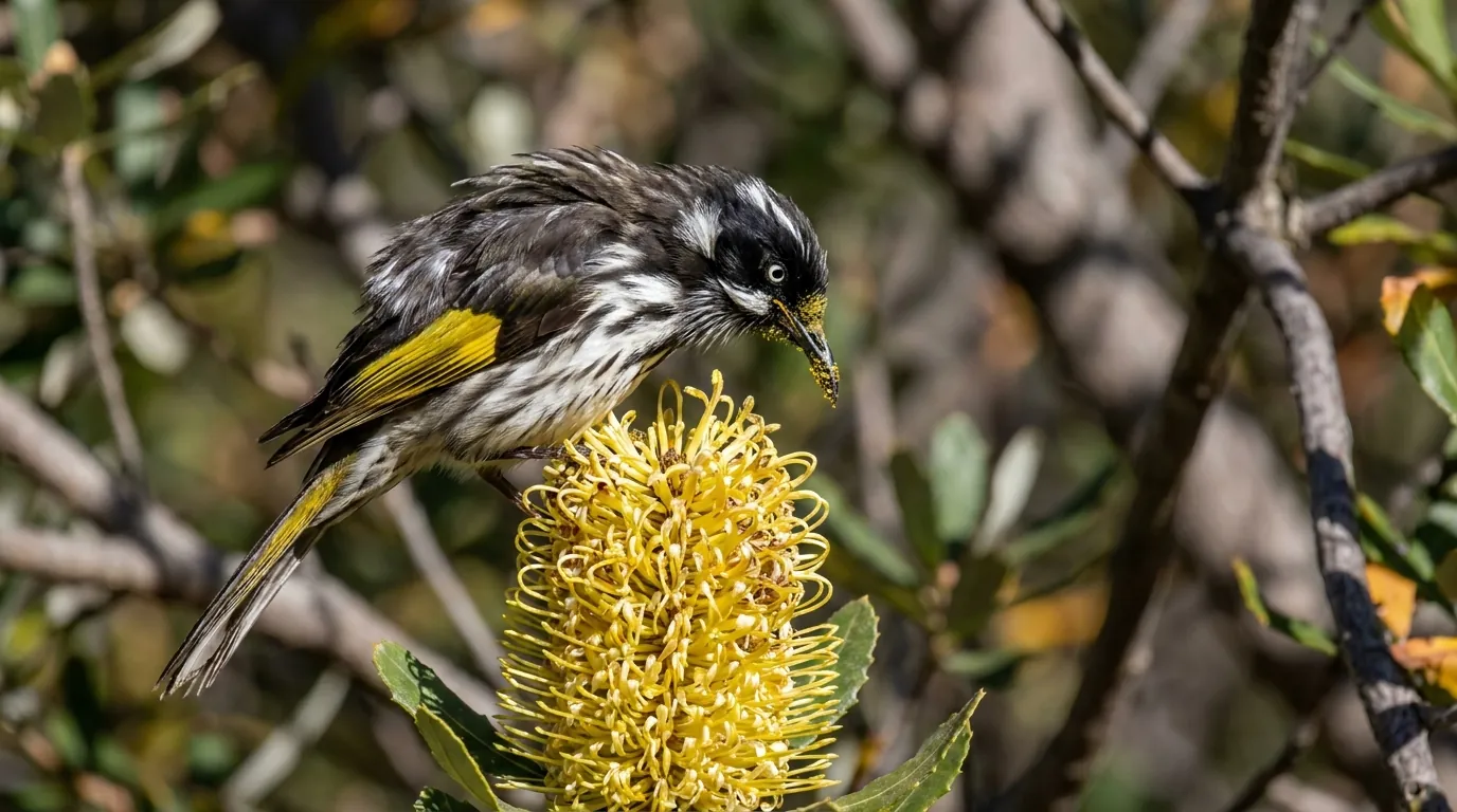 Native honeyeater feeding on nectar from a Silver Banksia flower spike