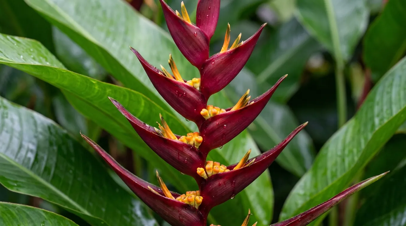 Close-up of a deep-red burgundy Heliconia 'Hot Rio Nights' flower bract