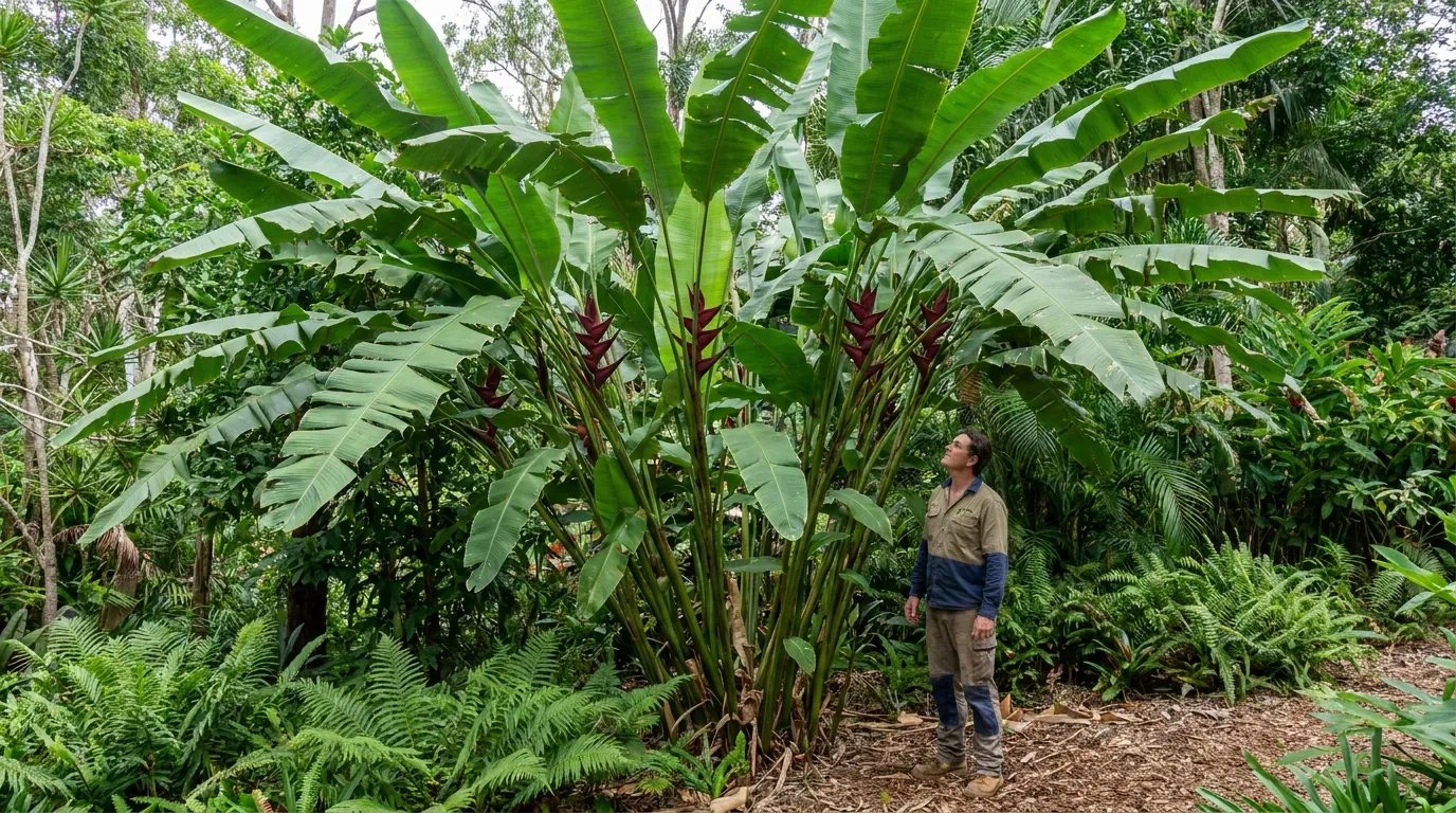 Tall Heliconia 'Hot Rio Nights' clump shown at full height beside a person for scale