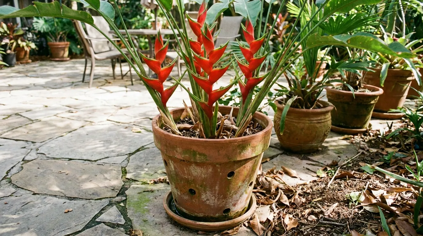 Heliconia 'Hot Rio Nights' grown in large outdoor containers on a patio