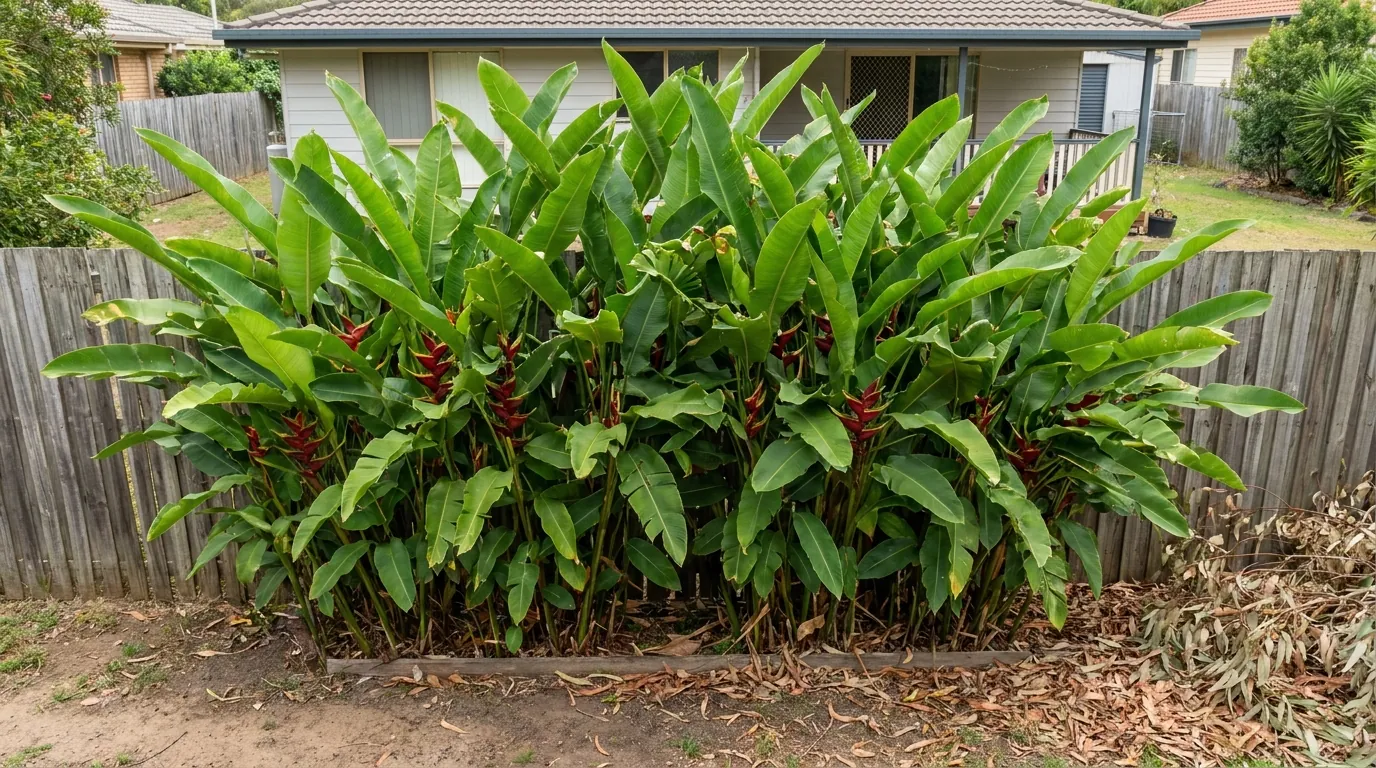 Dense Heliconia 'Hot Rio Nights' clump used as a tall tropical privacy screen