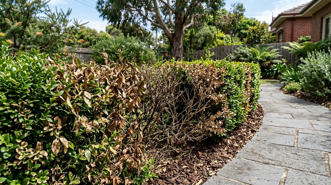 Japanese Box hedge with brown dieback patches and bare stems from box blight