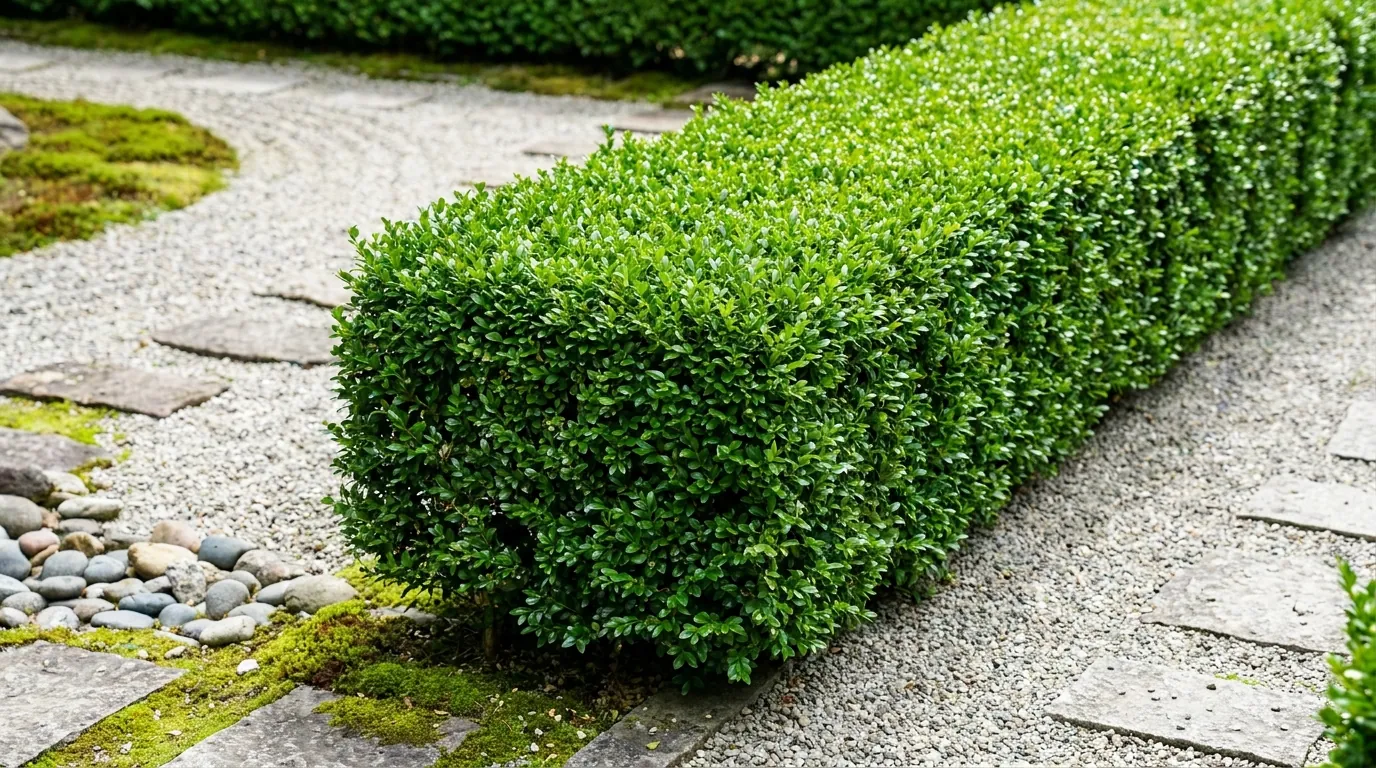 Crisp clipped low formal Japanese Box (Buxus microphylla var. japonica) hedge in a tidy garden