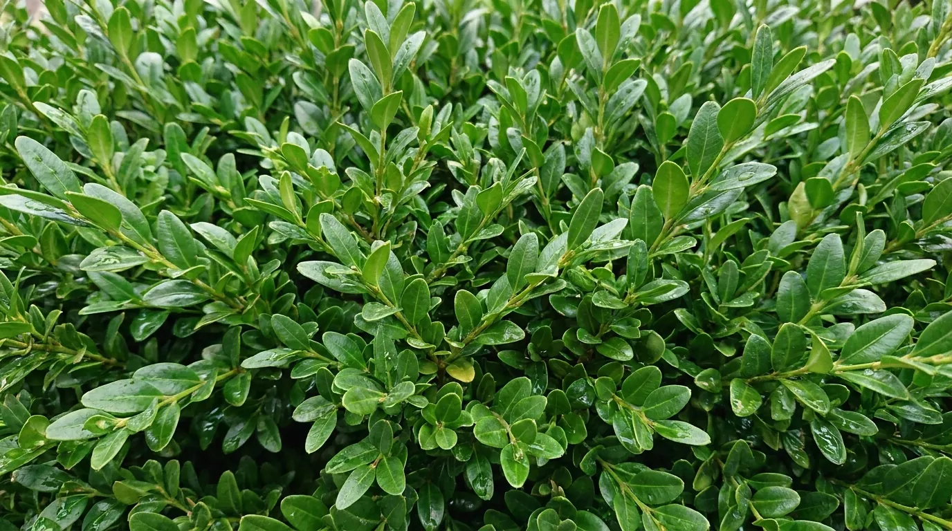 Close-up of the small dense glossy green leaves of Japanese Box