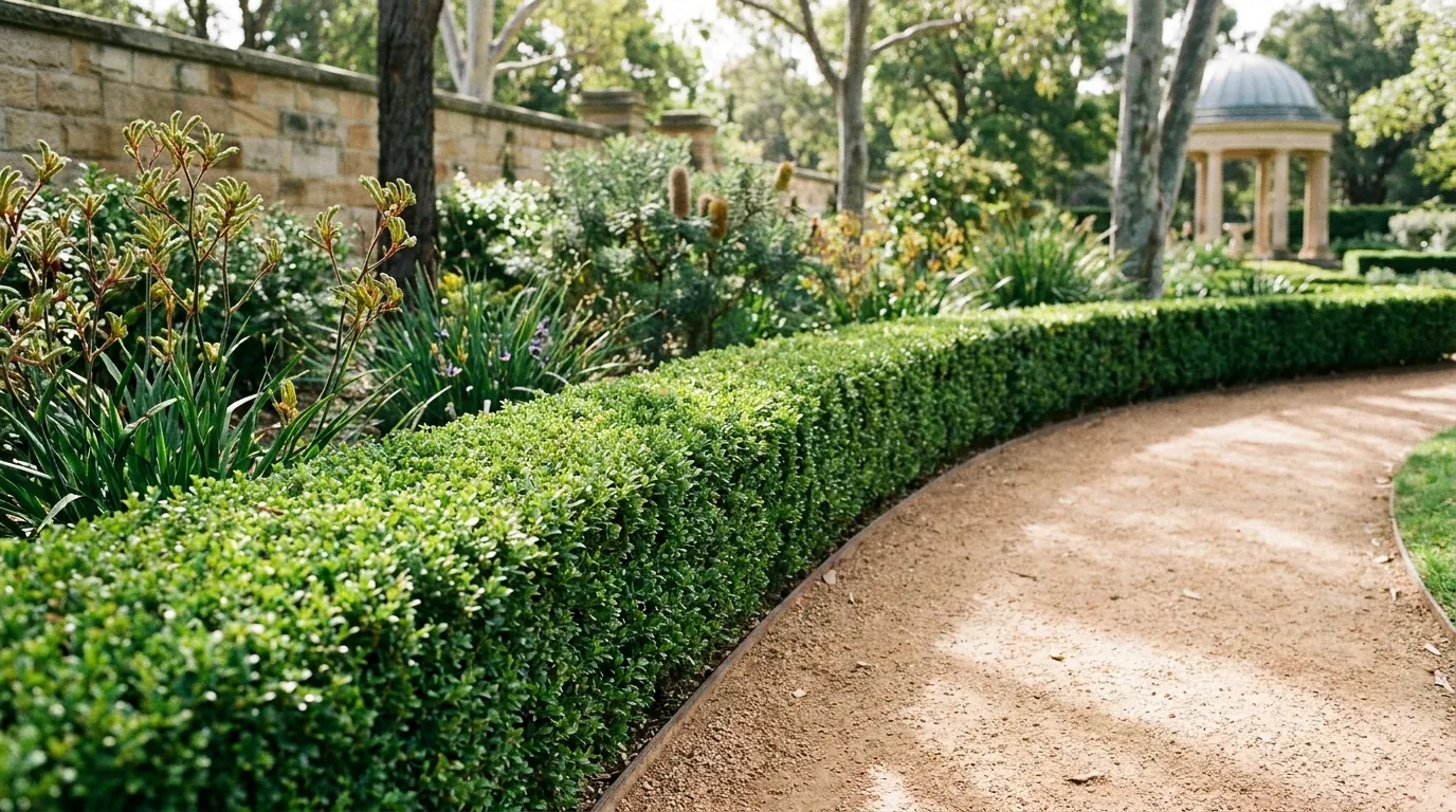 Low clipped Japanese Box hedge edging a garden path in a formal Australian garden