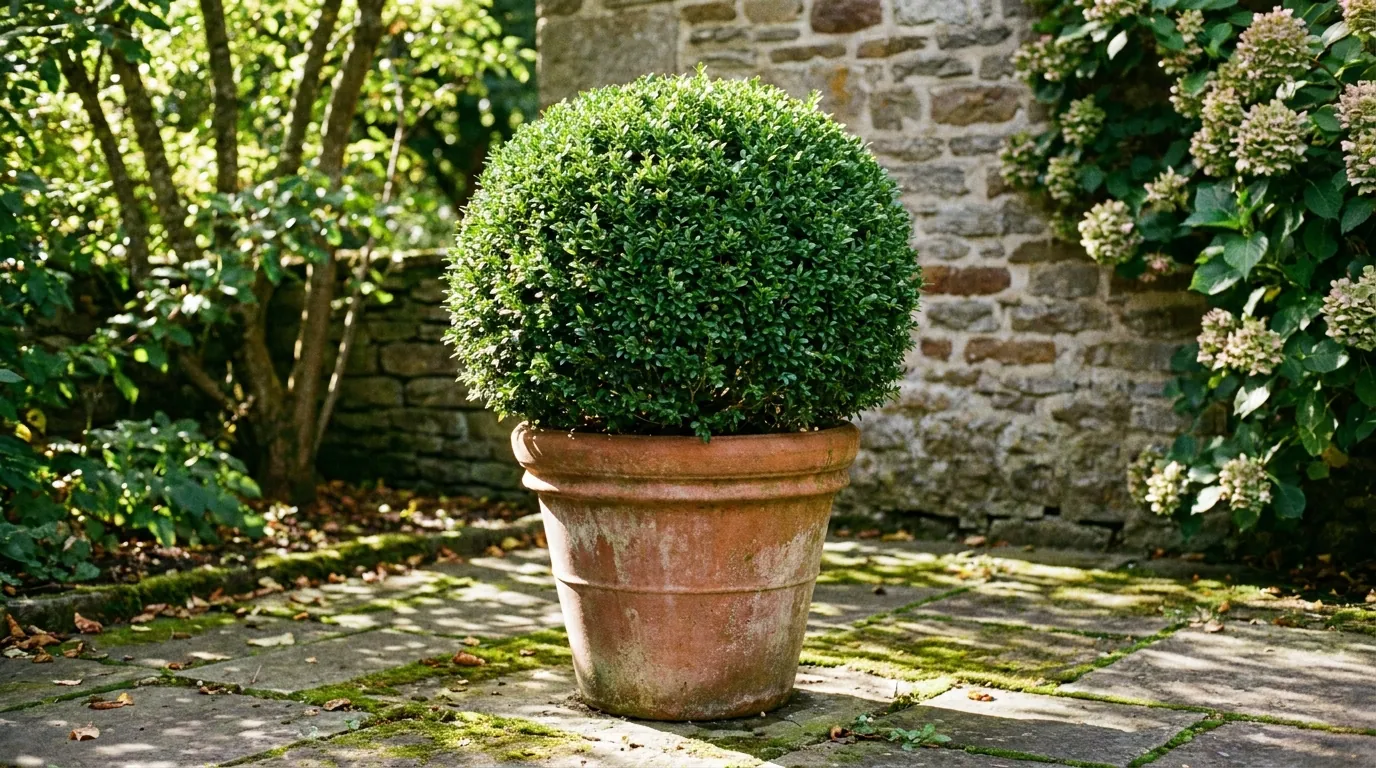 Japanese Box clipped into a ball topiary in a container pot on a patio