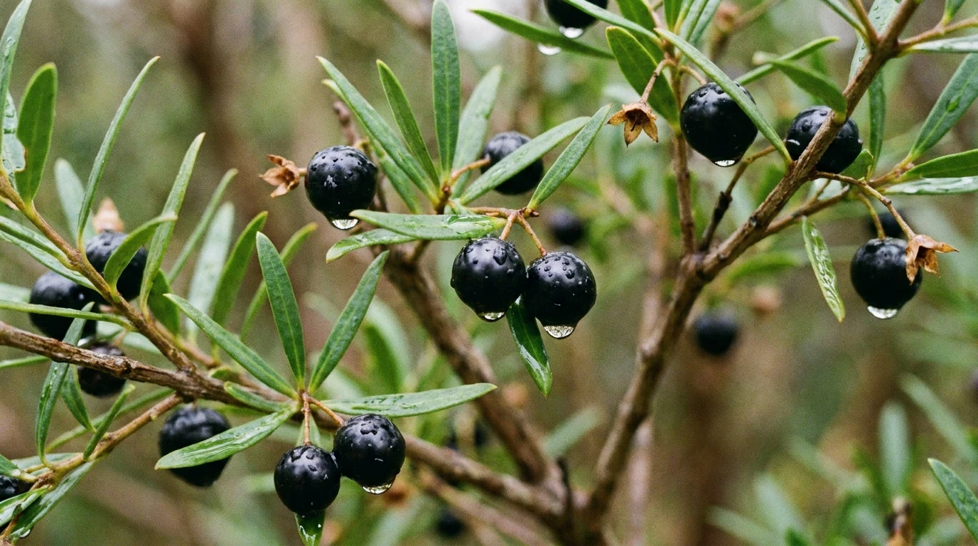 Shiny black native jasmine berries among narrow green leaves after flowering