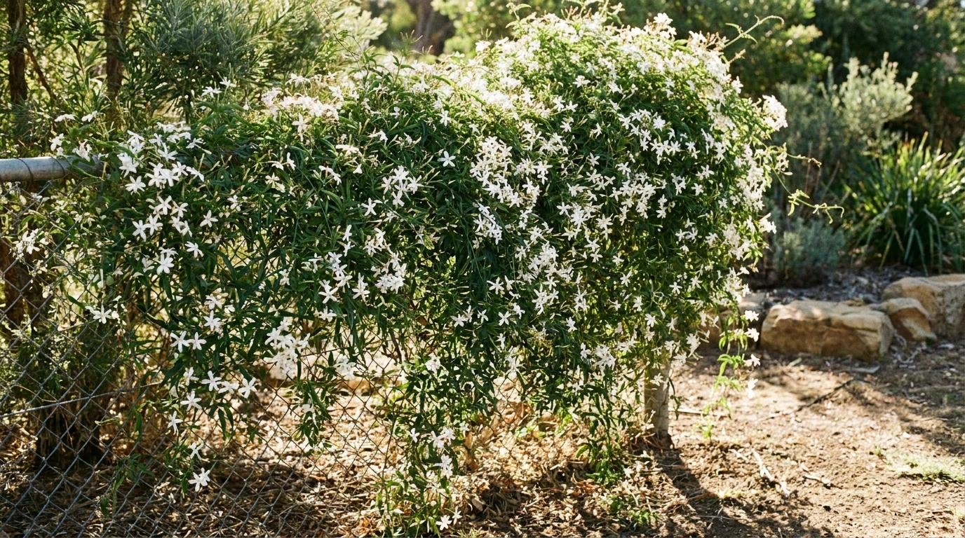 Native jasmine forming a fragrant green screen over a wire mesh fence