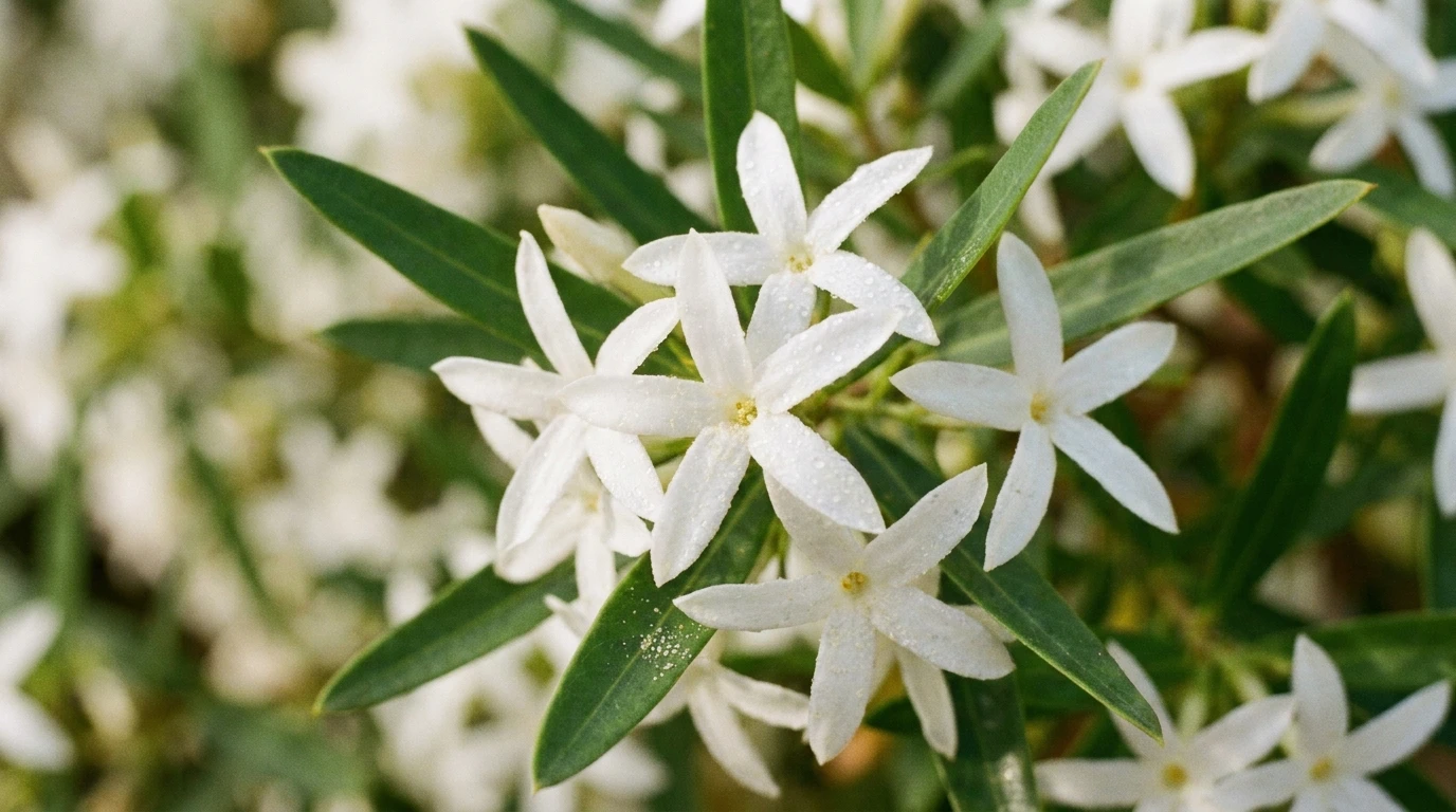Macro of white star-shaped native jasmine flowers with slender petals