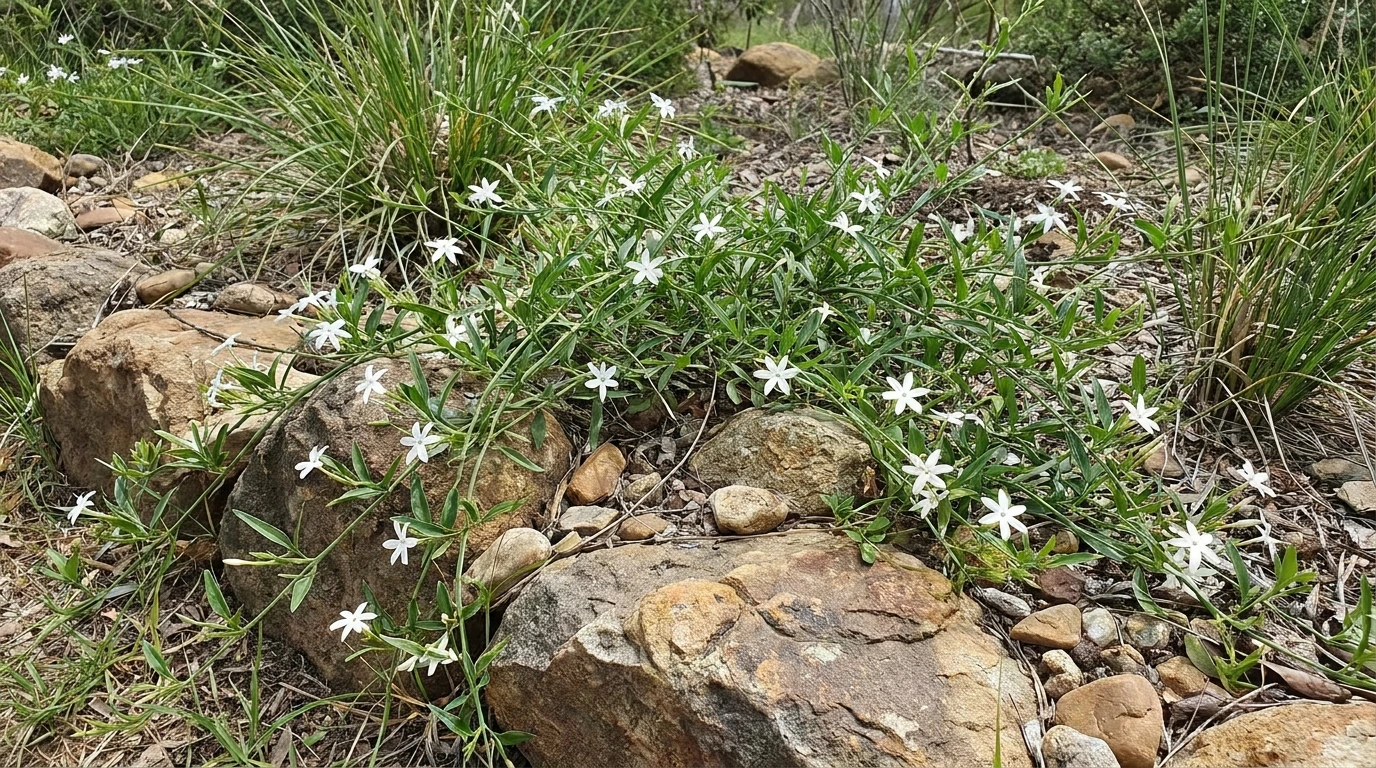Native jasmine scrambling over a low rocky bank as a loose groundcover