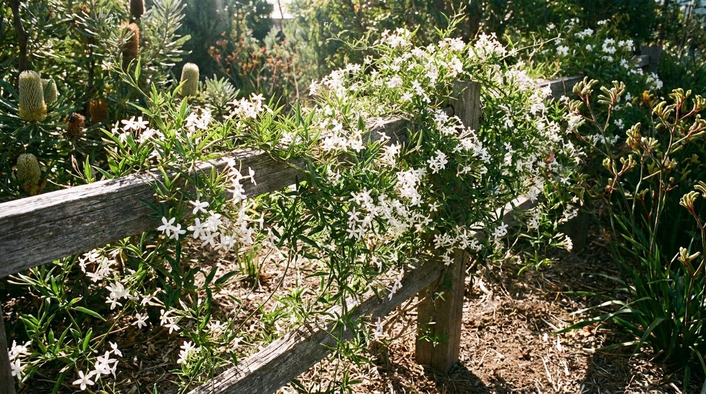 Australian native jasmine twining over a timber trellis with white star-shaped flowers