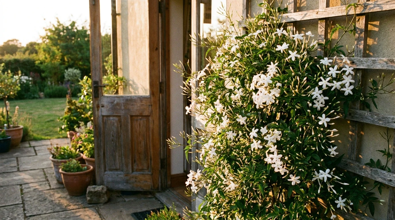 Native jasmine trained beside a patio doorway in warm evening light