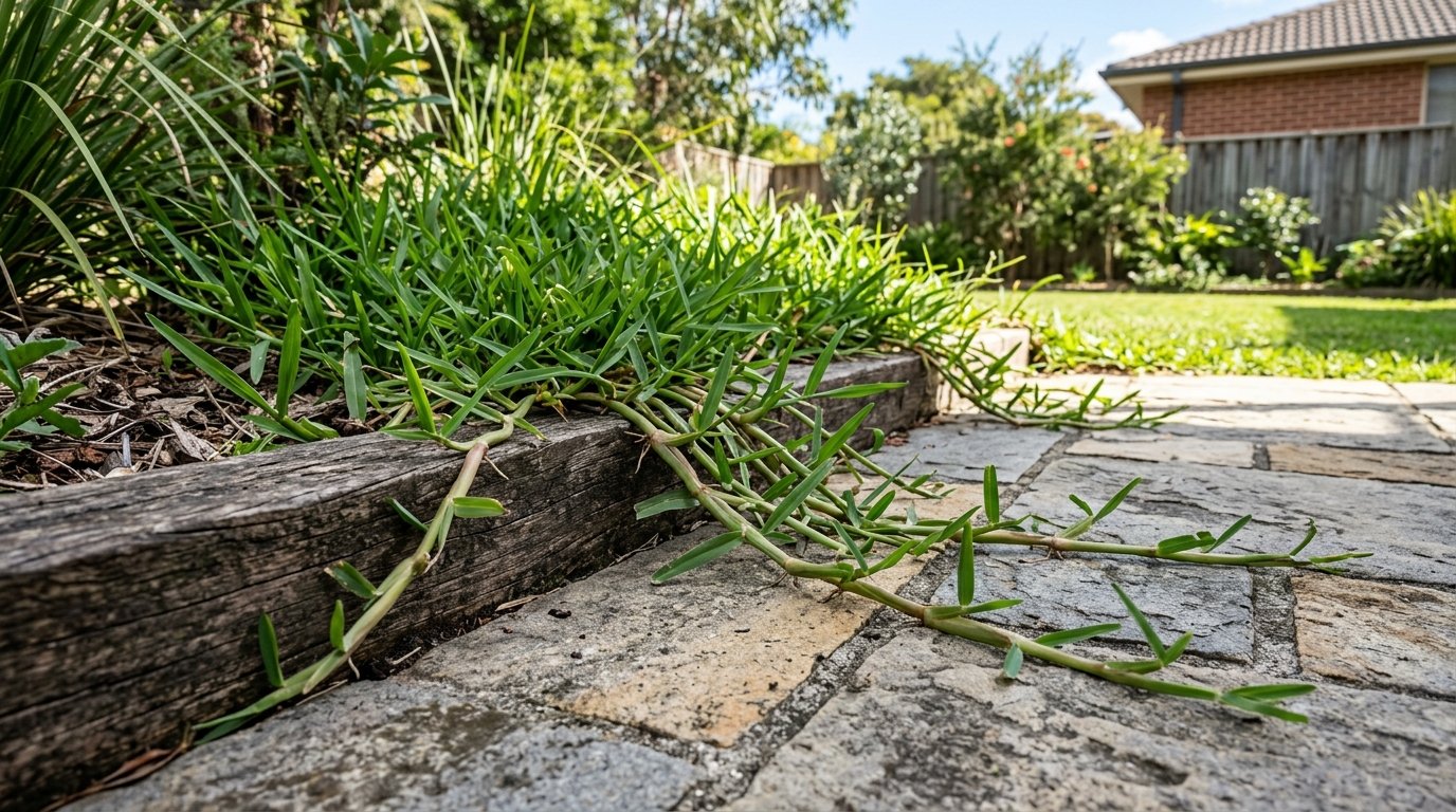 Vigorous kikuyu grass runners invading over the edge of a garden bed and paving