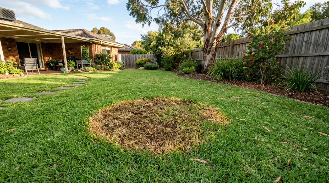 Lawn armyworm caterpillars and grubs at the roots of brown dying turf