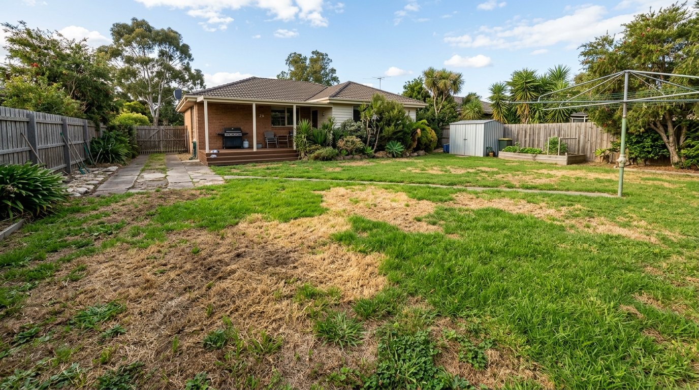Patchy dying lawn showing brown and yellowing areas in an Australian garden