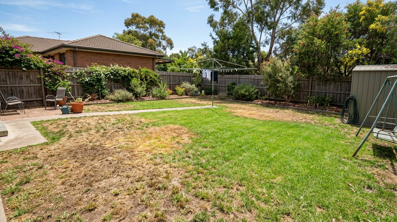 Australian backyard lawn with brown dead patches next to healthy green grass