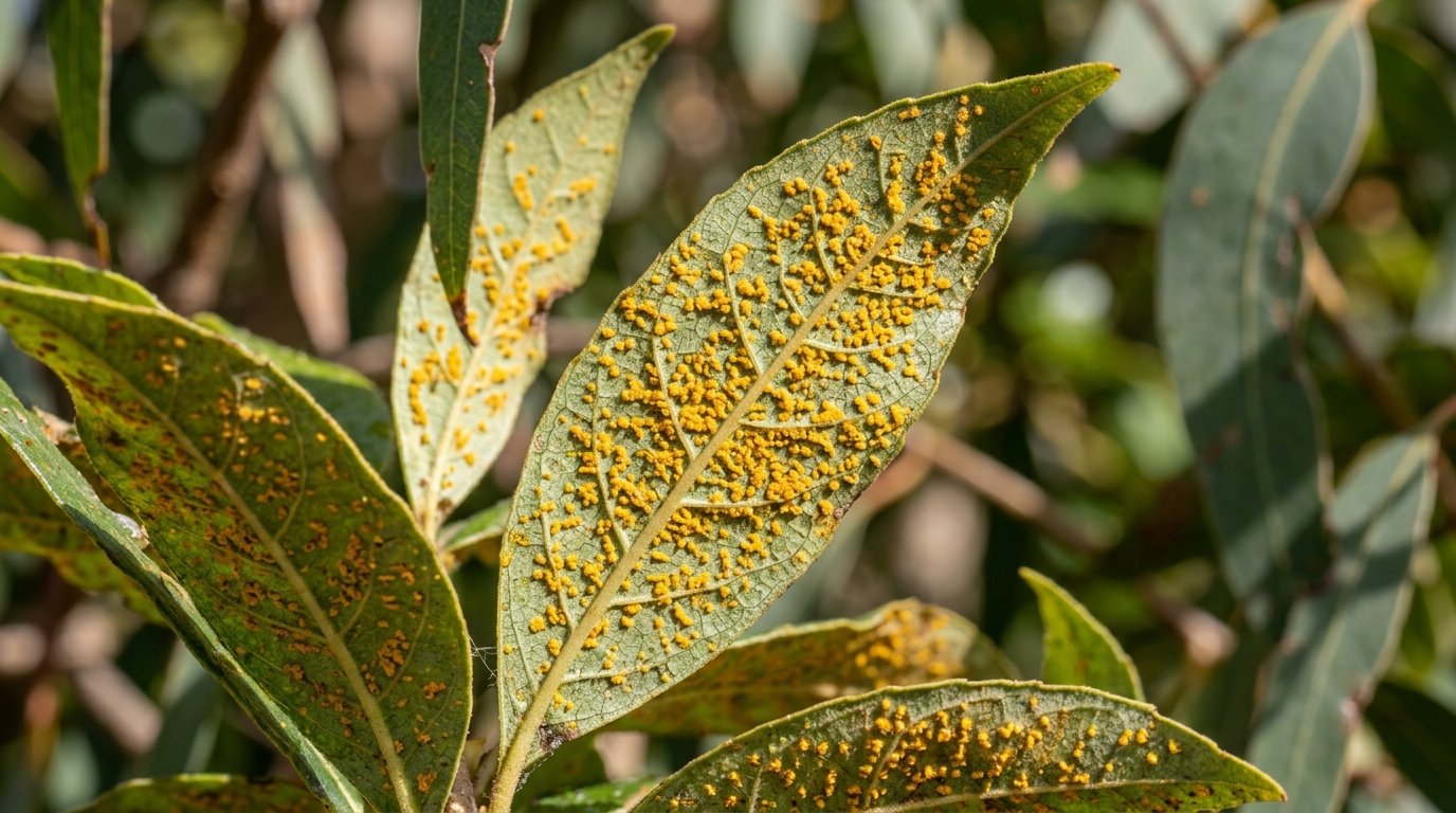 Lemon Myrtle leaves with bright yellow-orange myrtle rust pustules