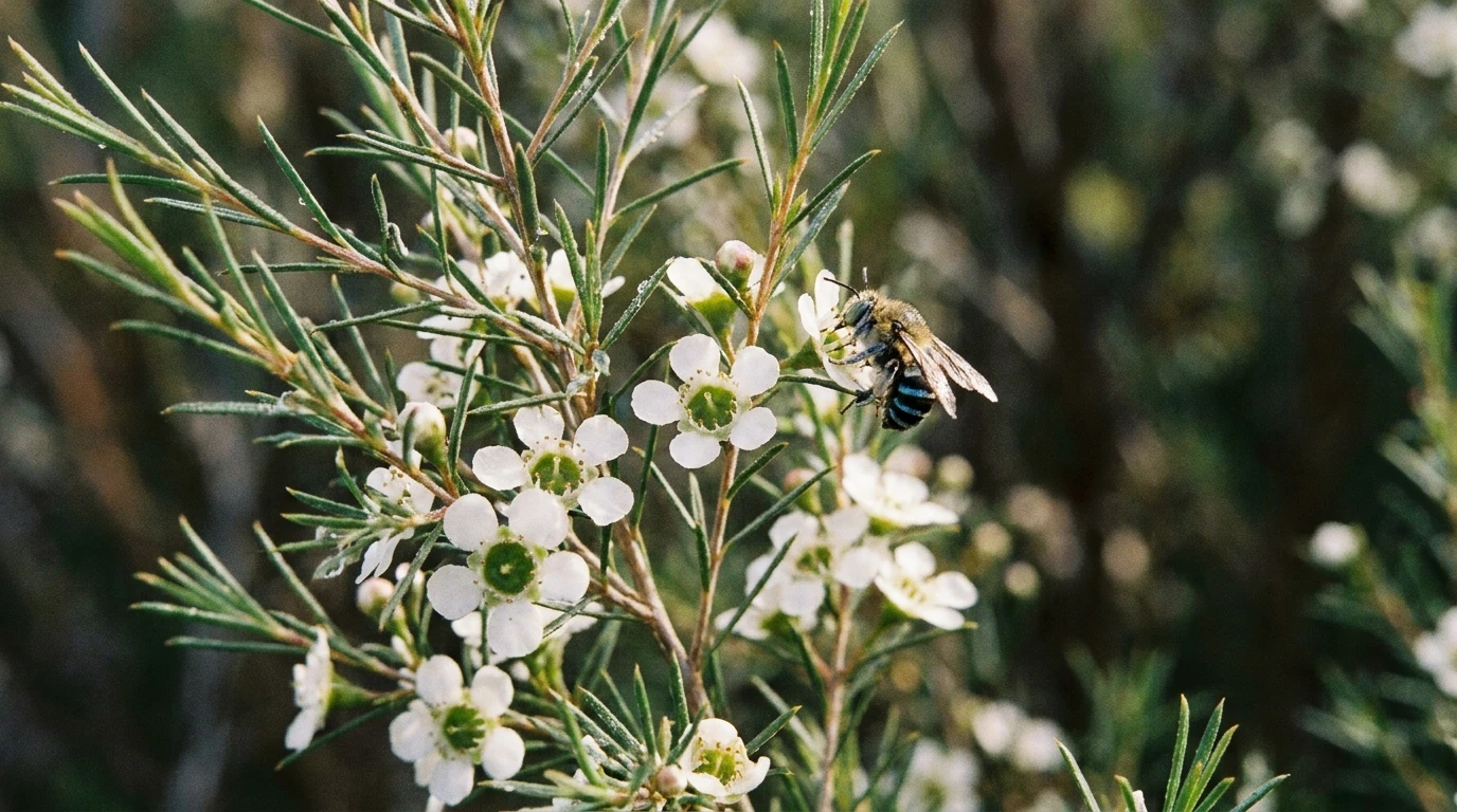 Close-up of tea-tree foliage and small white flowers with a native bee