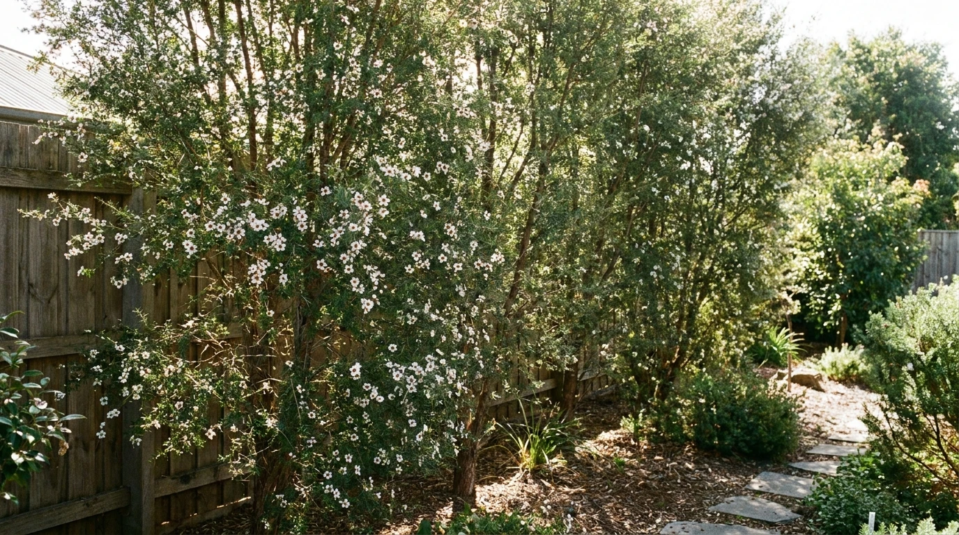 Lemon-scented tea tree (Leptospermum petersonii) as an informal screen along a boundary