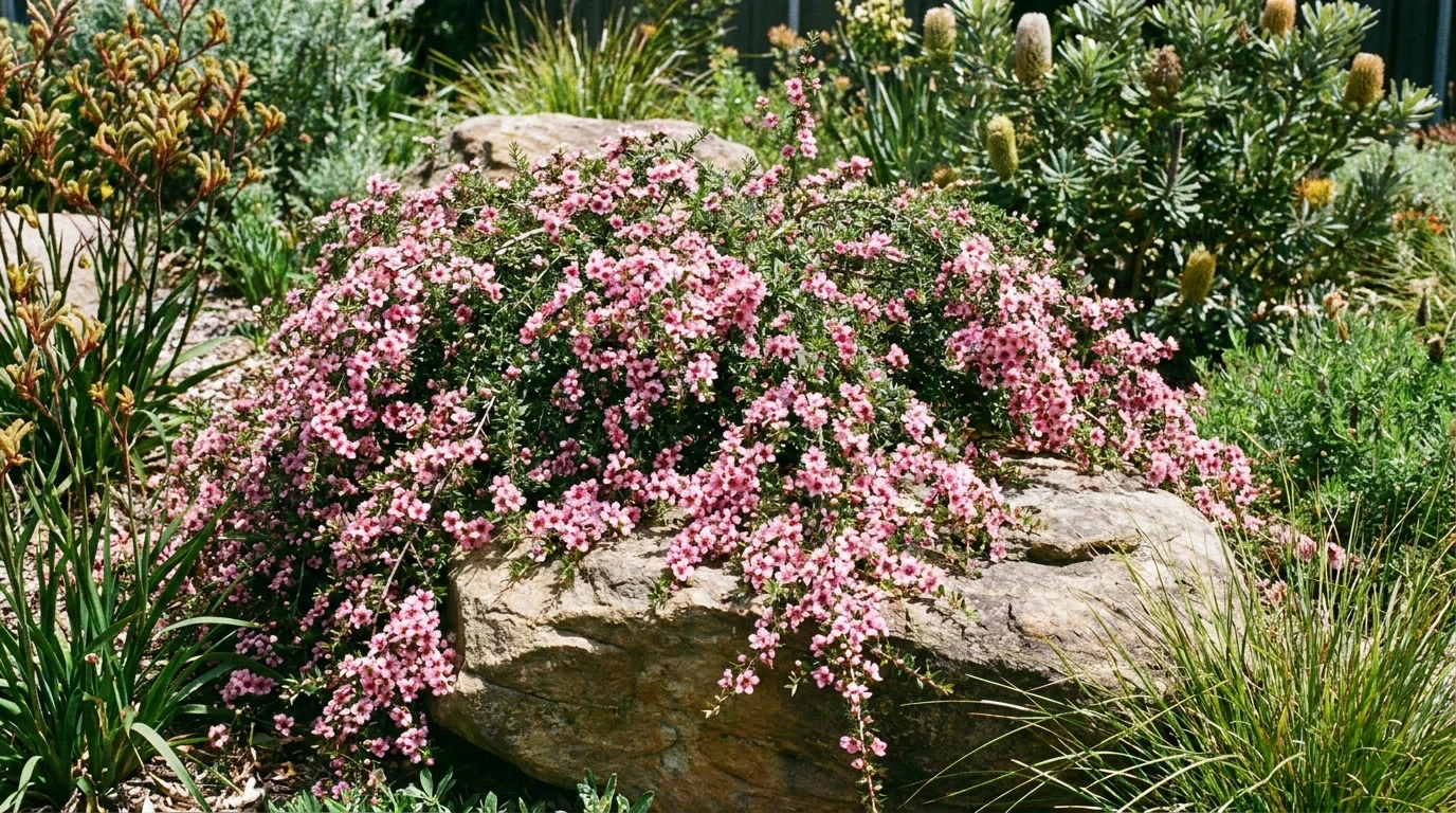 Weeping Leptospermum 'Pink Cascade' tea tree with masses of pink flowers over a rock