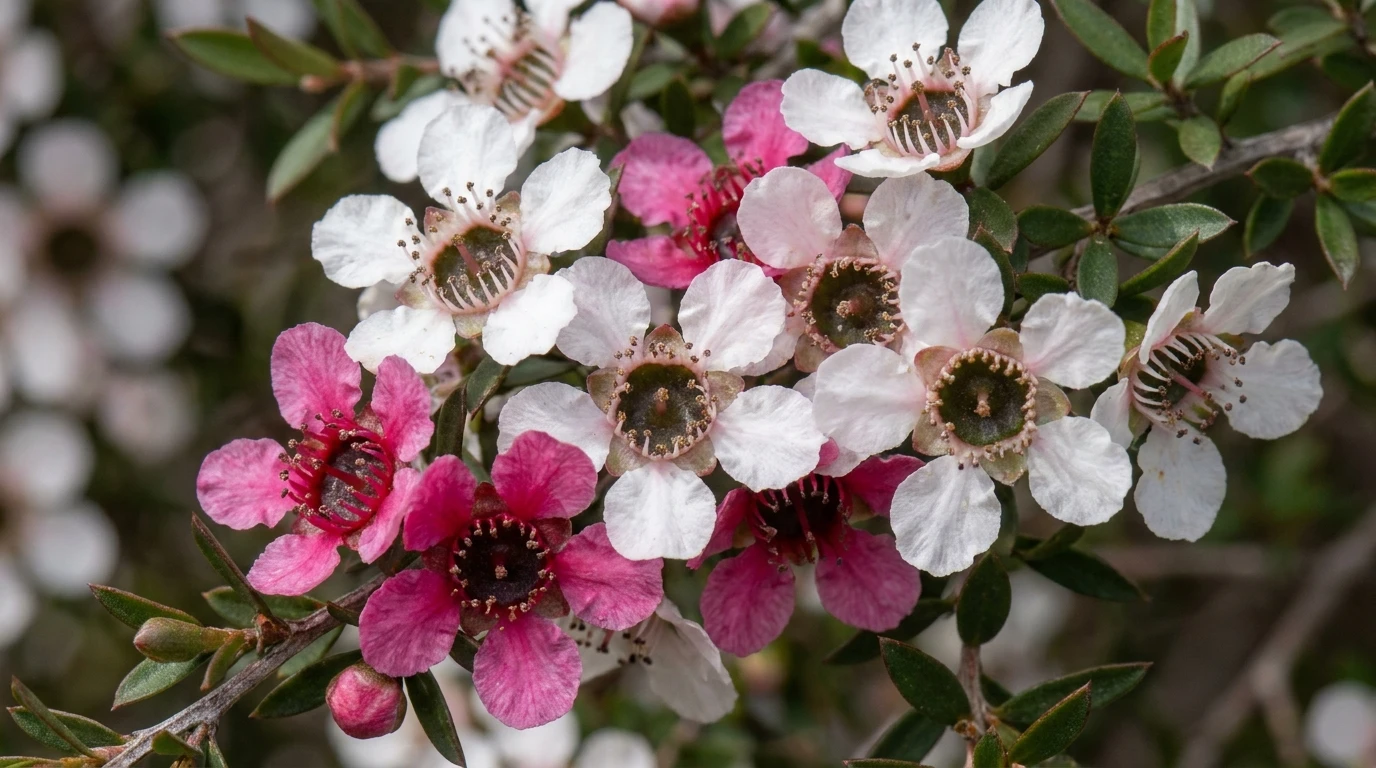 Macro of Leptospermum scoparium (manuka) white and deep pink five-petal flowers