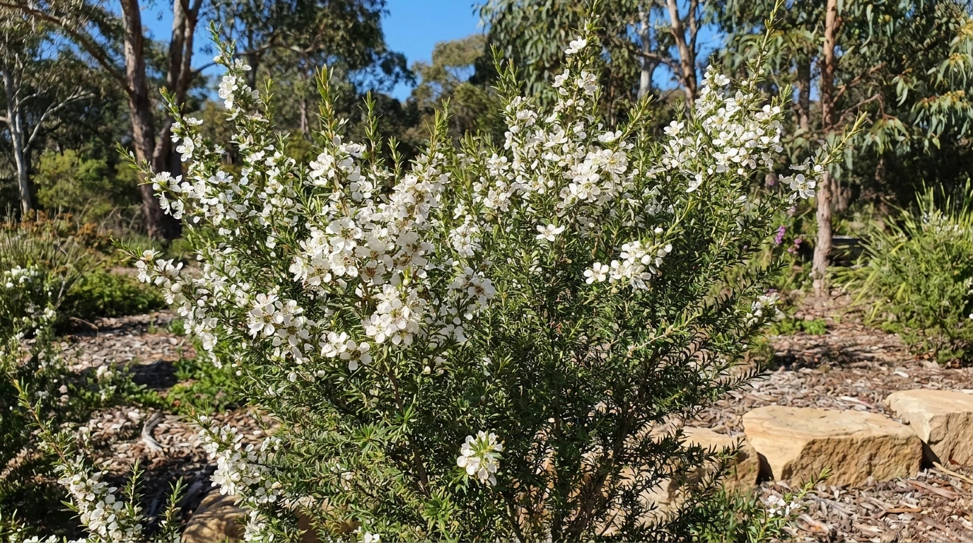 Flowering Leptospermum tea tree covered in small white flowers in a sunny Australian garden