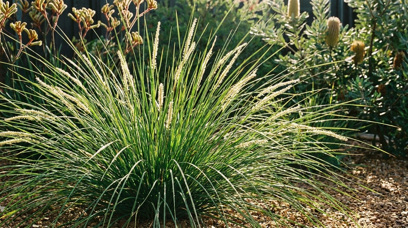 Close-up of a fine arching green Lomandra 'Tanika' tussock with slender cream flower spikes