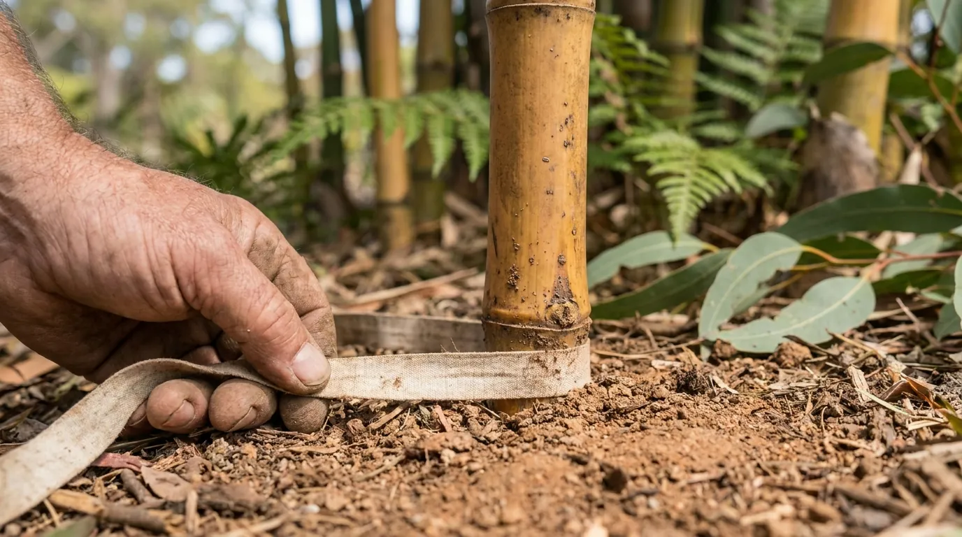 Gardener measuring a Golden Cane Palm stem to check its growth rate