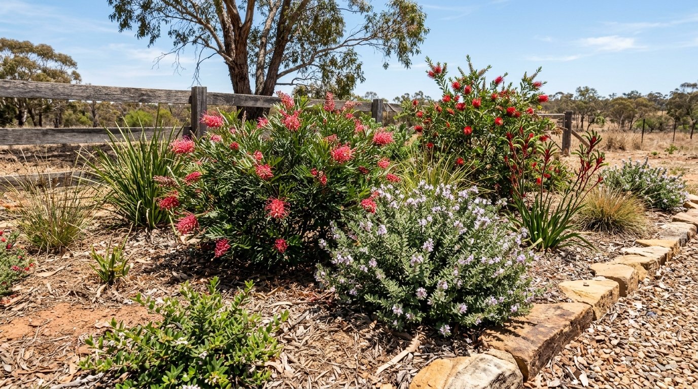 Mediterranean plants lavender and rosemary in a sunny hot garden bed
