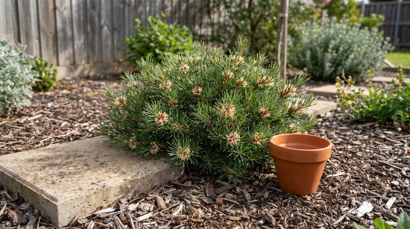Dwarf 'Mini Pini' Hakea planted in a compact suburban garden bed