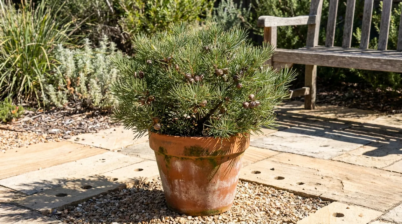 Compact dwarf 'Mini Pini' Hakea growing in a container