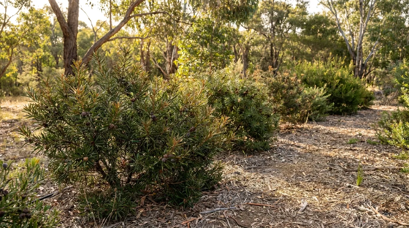 Compact dwarf 'Mini Pini' Hakea shrubs planted as a low informal border