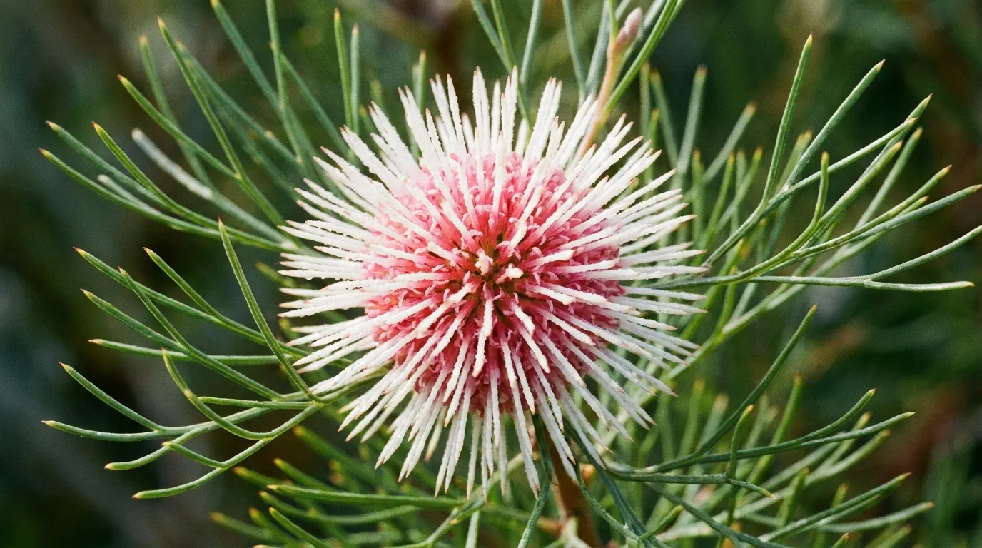 Close-up of the white and pink pincushion flower heads of dwarf 'Mini Pini' Hakea