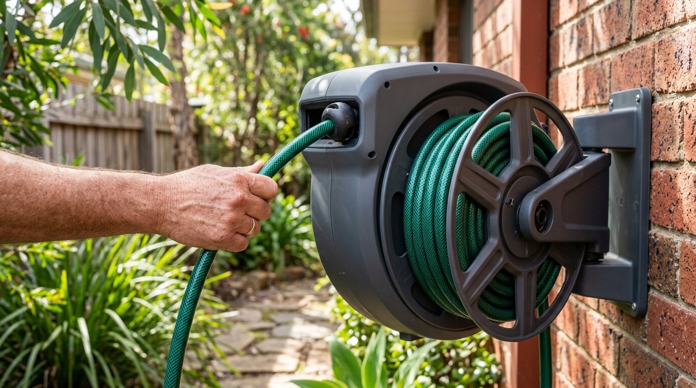 Mounting a hose reel bracket onto a brick wall with a drill