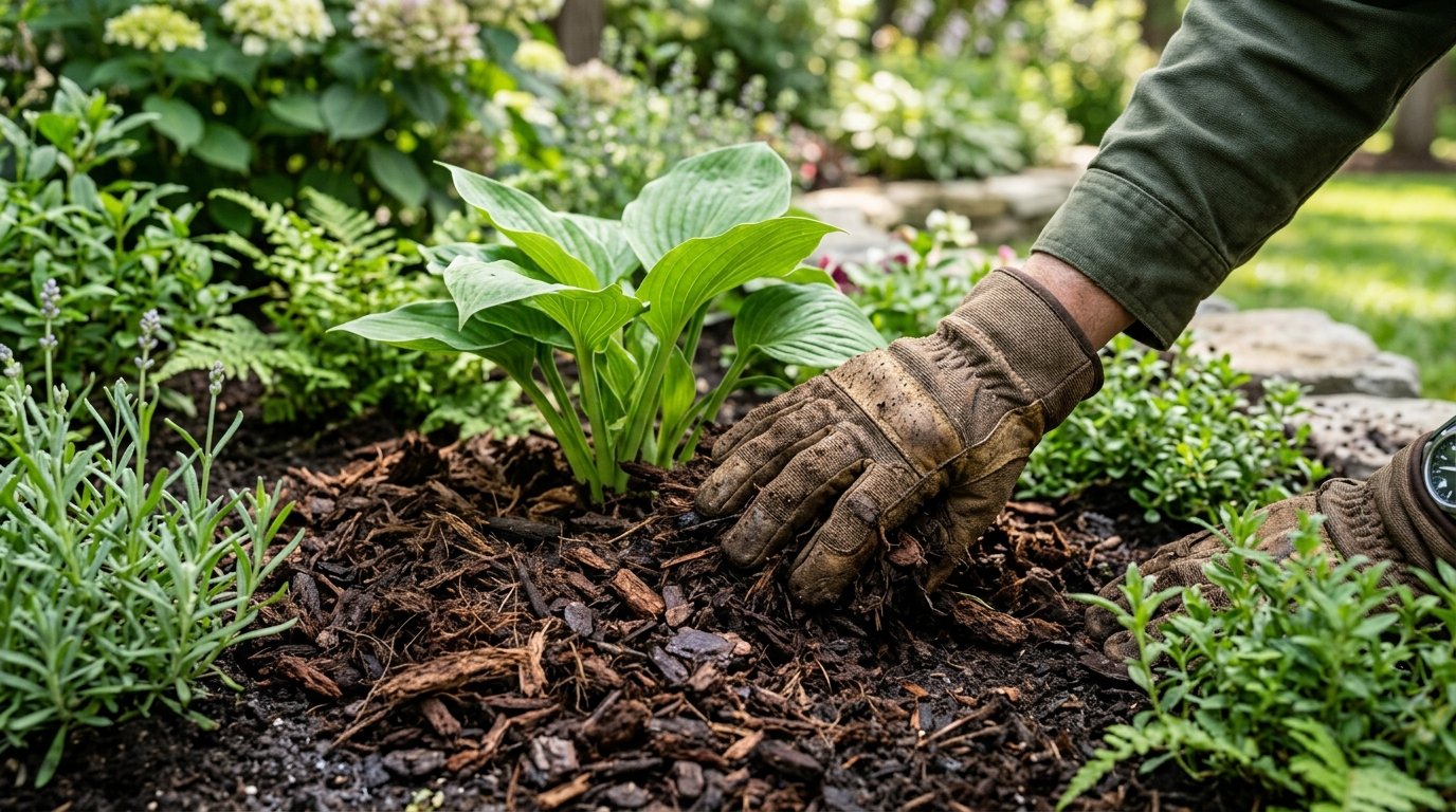 Bags of garden mulch and a bulk pile of mulch at a garden supply yard